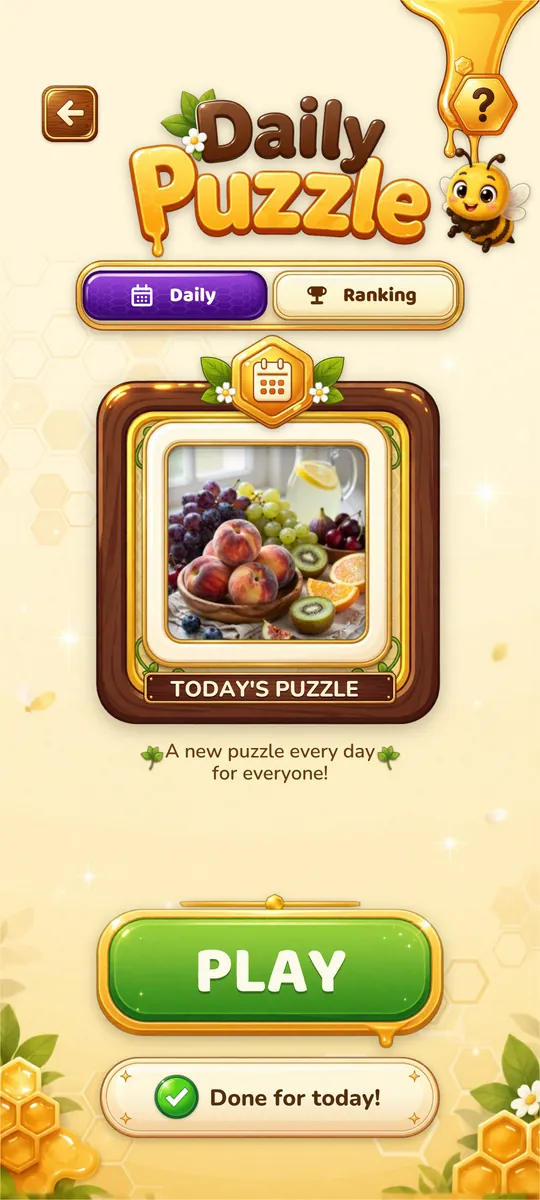 The daily puzzle page with today’s picture in a wooden frame and the green Play button